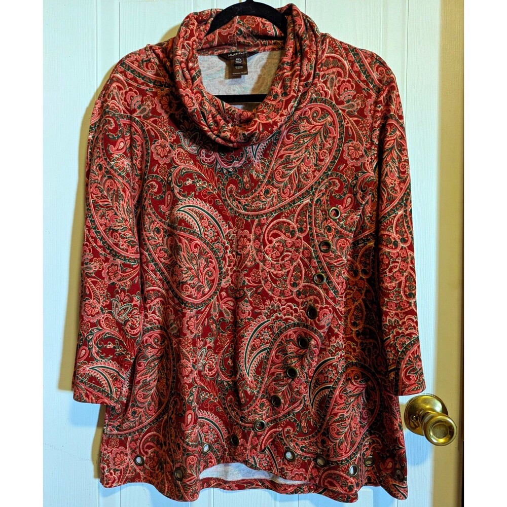 Multiples Women's Petite PXL Cowl Neck Paisley Knit Tunic 3/4 Sleeve Autumn Fall